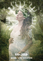 Pregnant woman with floral crown in a forest setting, surrounded by abstract white symbols.
