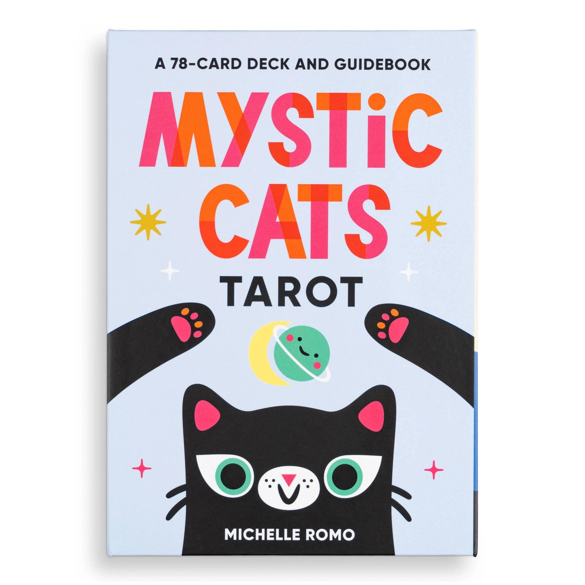 Mystic Cats Tarot book cover with a black cat illustration and colorful text on a light blue background.
