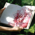 Open book with a pink geometric design held by a person against a green leafy background