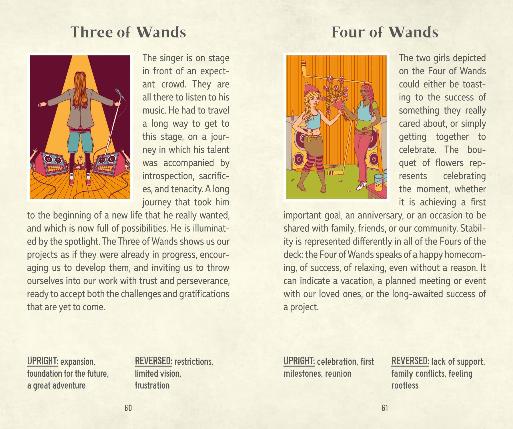Two tarot card illustrations with descriptions on a white background