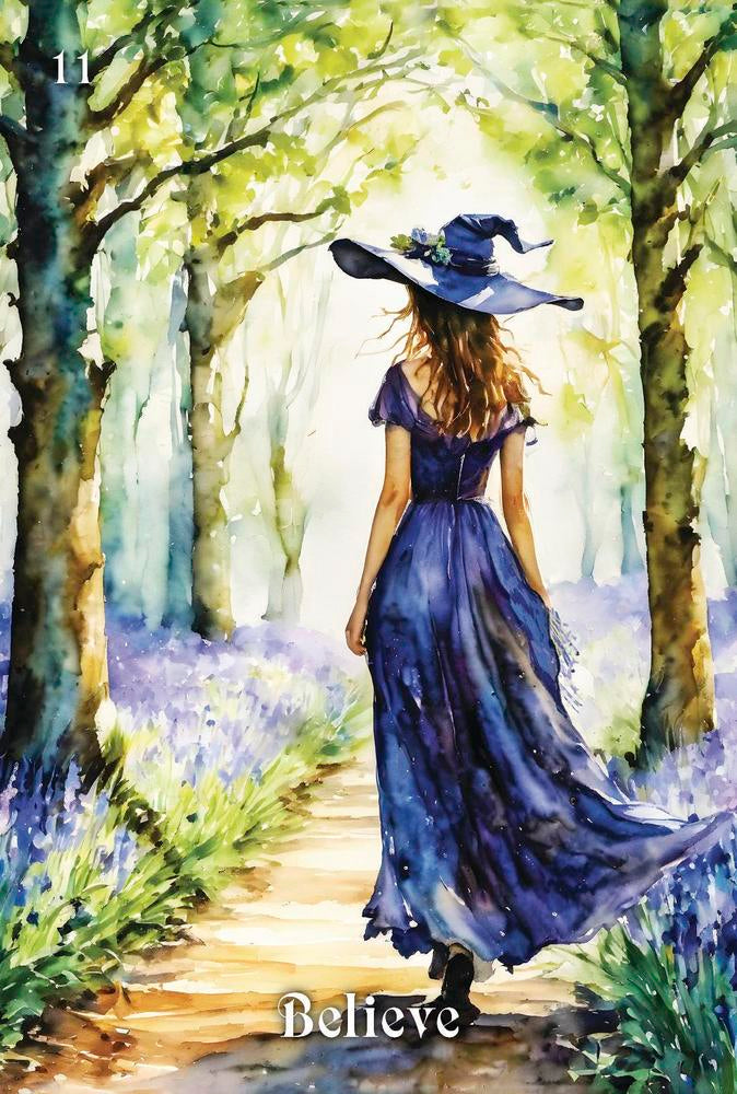 Woman in a purple dress and hat walking through a forest with 'Believe' text