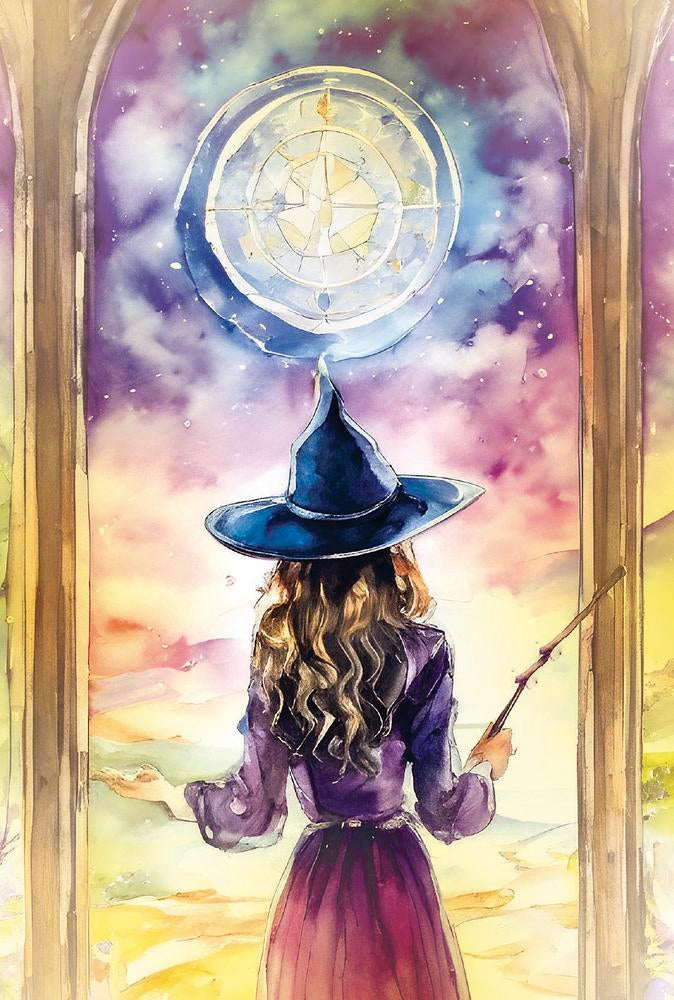 Wizard in a purple robe and blue hat holding a staff, with a colorful celestial background.