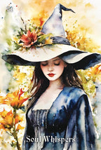 Artistic depiction of a woman in a witch costume with a large hat and floral decorations, surrounded by flowers.