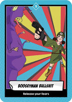 Cartoon-style card with two characters and a colorful background