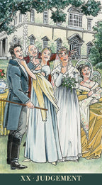 Illustration of a group of people in formal attire with a building in the background