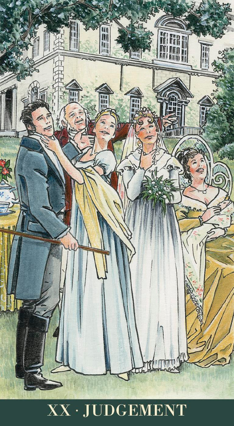 Illustration of a group of people in formal attire with a building in the background