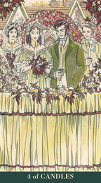 Illustration of a group of people in formal attire with floral decorations, labeled '4 of Candles'.