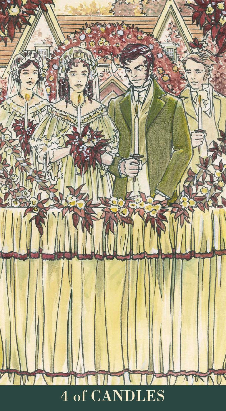 Illustration of a group of people in formal attire with floral decorations, labeled '4 of Candles'.