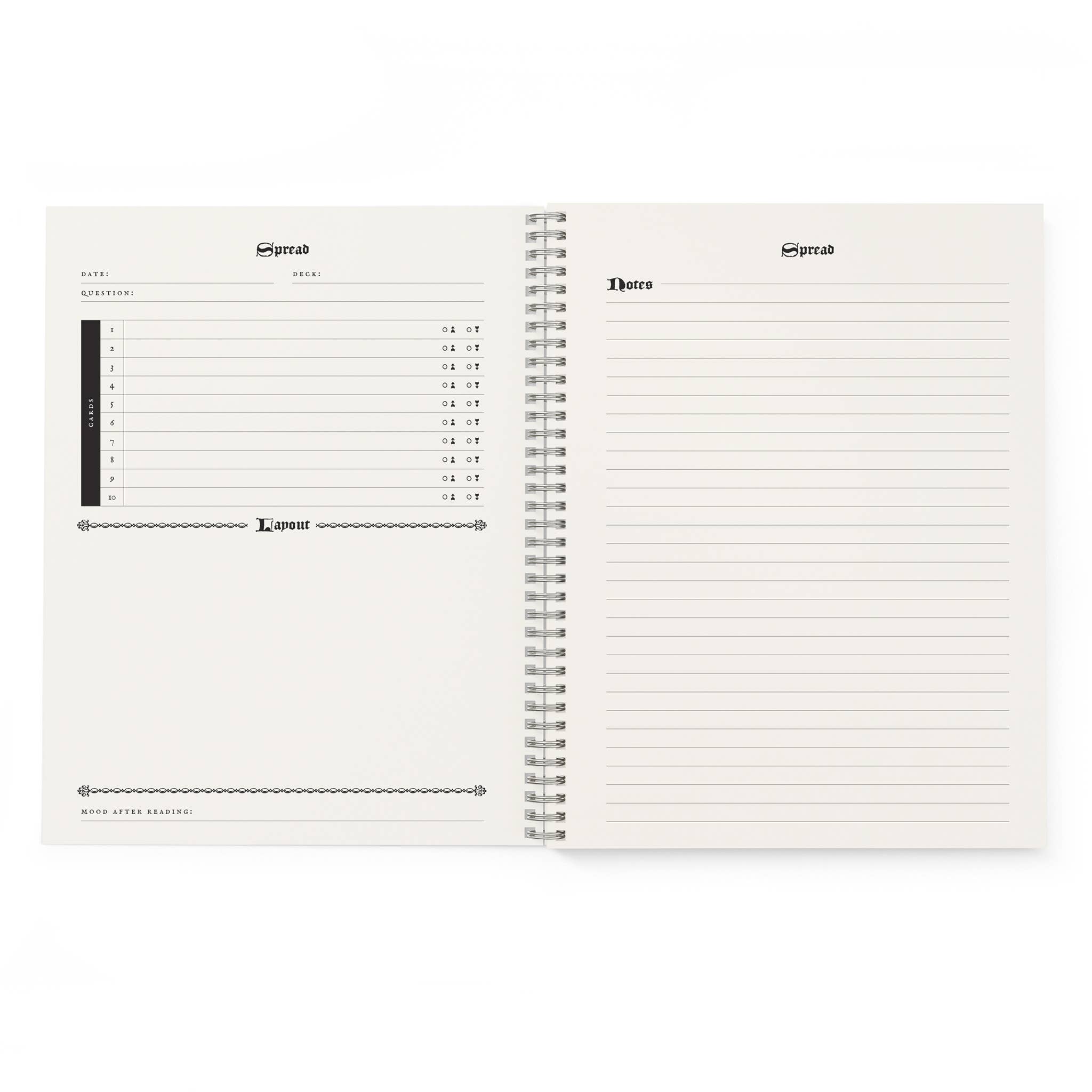 Open notebook with lined pages on a white background