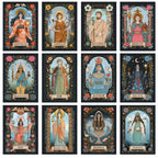 Set of tarot cards featuring various deities with decorative frames and floral elements.
