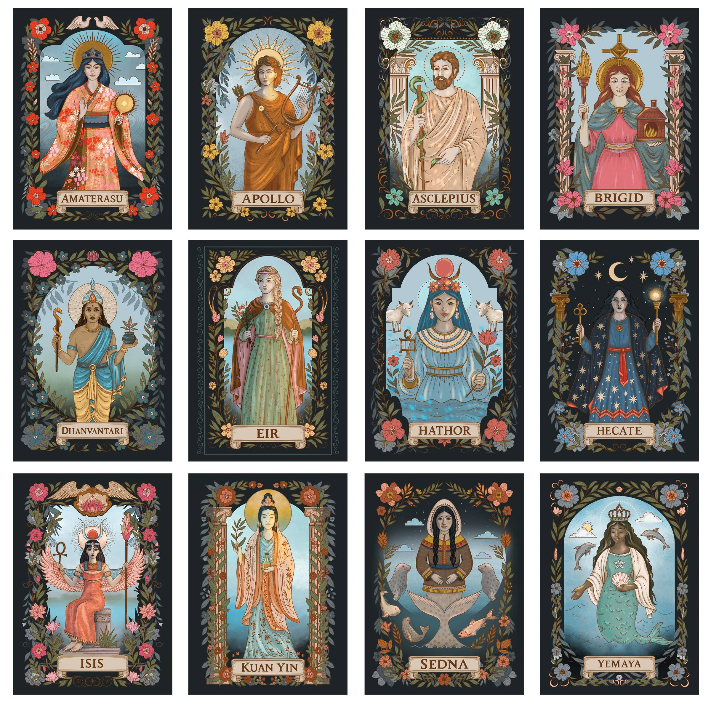 Set of tarot cards featuring various deities with decorative frames and floral elements.