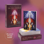 Sacred Rebels Oracle card set with packaging on a purple gradient background