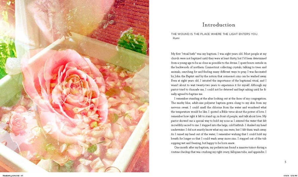 Book page with a pink rose illustration on the left and text on the right.