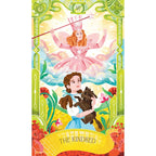 Colorful card featuring characters from 'The Wizard of Oz' with decorative border and text.