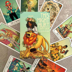 Collection of tarot cards with colorful artwork on a textured surface