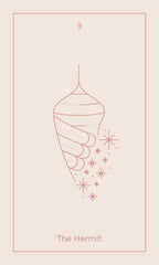 Tarot card featuring 'The Hermit' with a hand holding a lantern on a pink background
