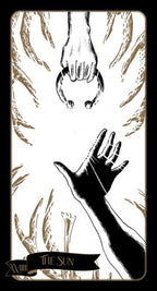 Card titled 'The Sun' with a black and white illustration of a hand reaching towards the sun, surrounded by abstract patterns.