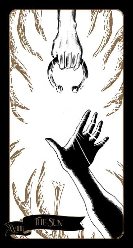 Card titled 'The Sun' with a black and white illustration of a hand reaching towards the sun, surrounded by abstract patterns.