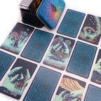 Collection of tarot cards with colorful designs on a white background