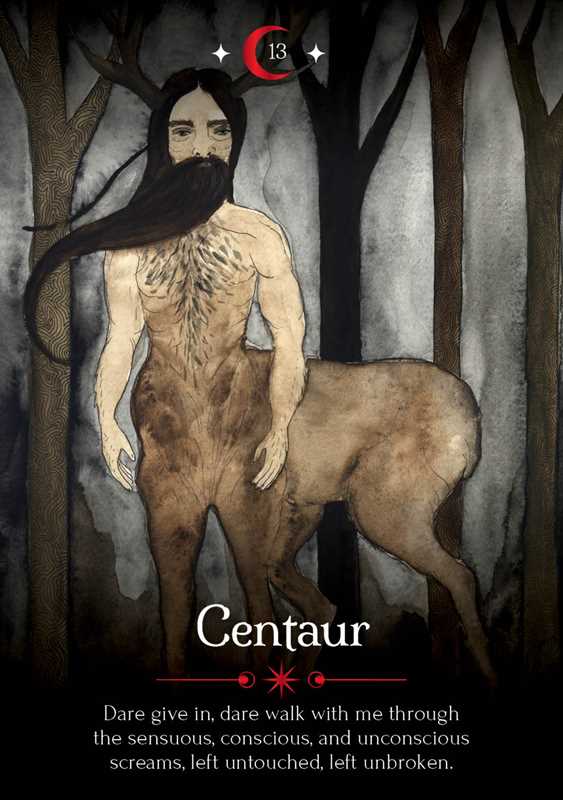 A tarot-style card illustration labeled 'Centaur' showing a nude human figure with a horse body in a dark forest. The card includes a red circular '13' with stars, the word 'Centaur,' and a quote at the bottom.