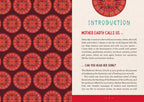 Book page with red circular patterns on a brown background and text about 'Mother Earth'.