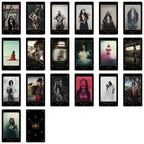 A 24-card tarot oracle deck layout showing various illustrated and photographic card designs, with one card face blank and one card back displaying a gold circular symbol, arranged on a white background.