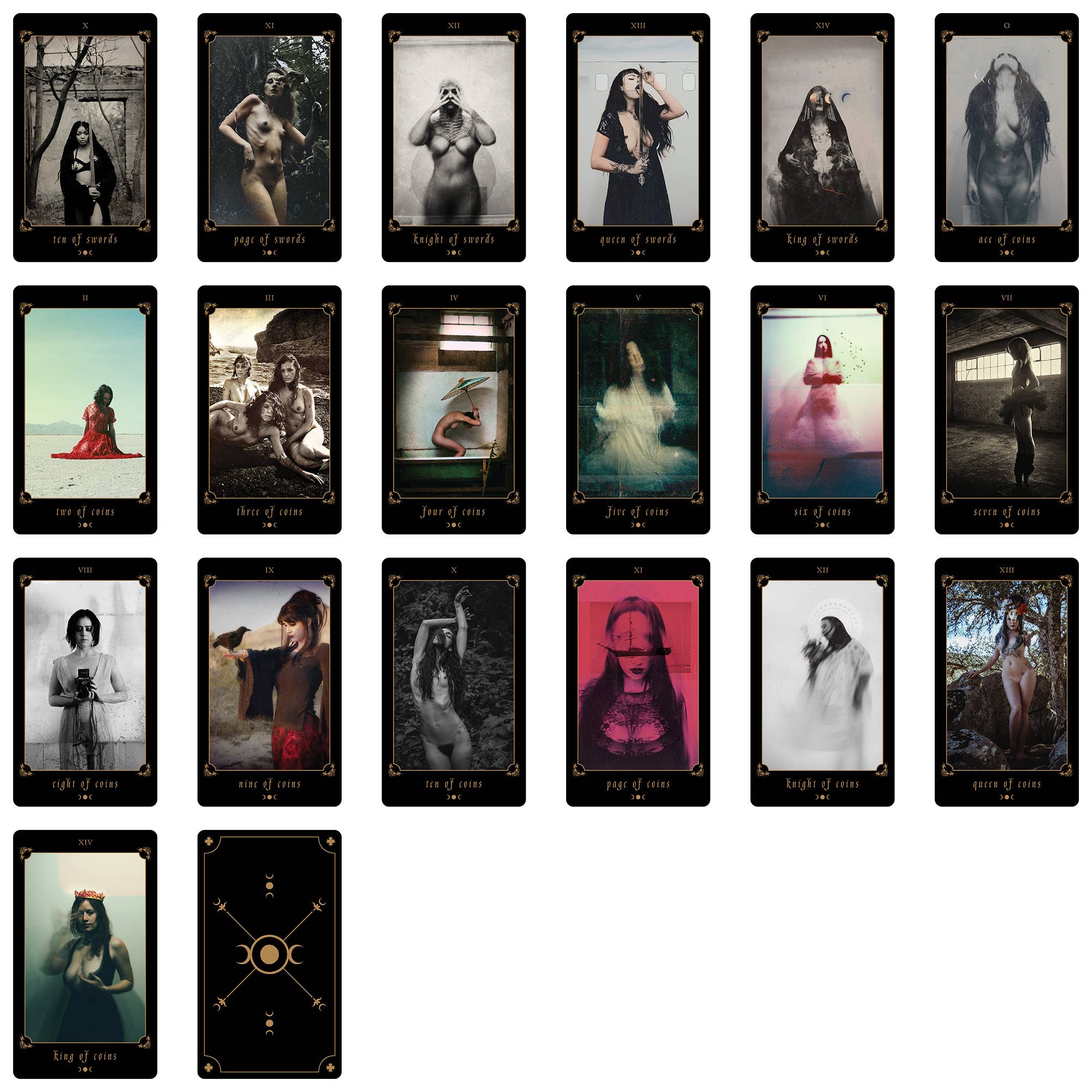 A 24-card tarot oracle deck layout showing various illustrated and photographic card designs, with one card face blank and one card back displaying a gold circular symbol, arranged on a white background.