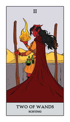 Tarot card featuring a character with wands and a flame, labeled 'Two of Wands'.