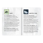 Card with Ant and Arctic Fox illustrations and descriptions on a white background