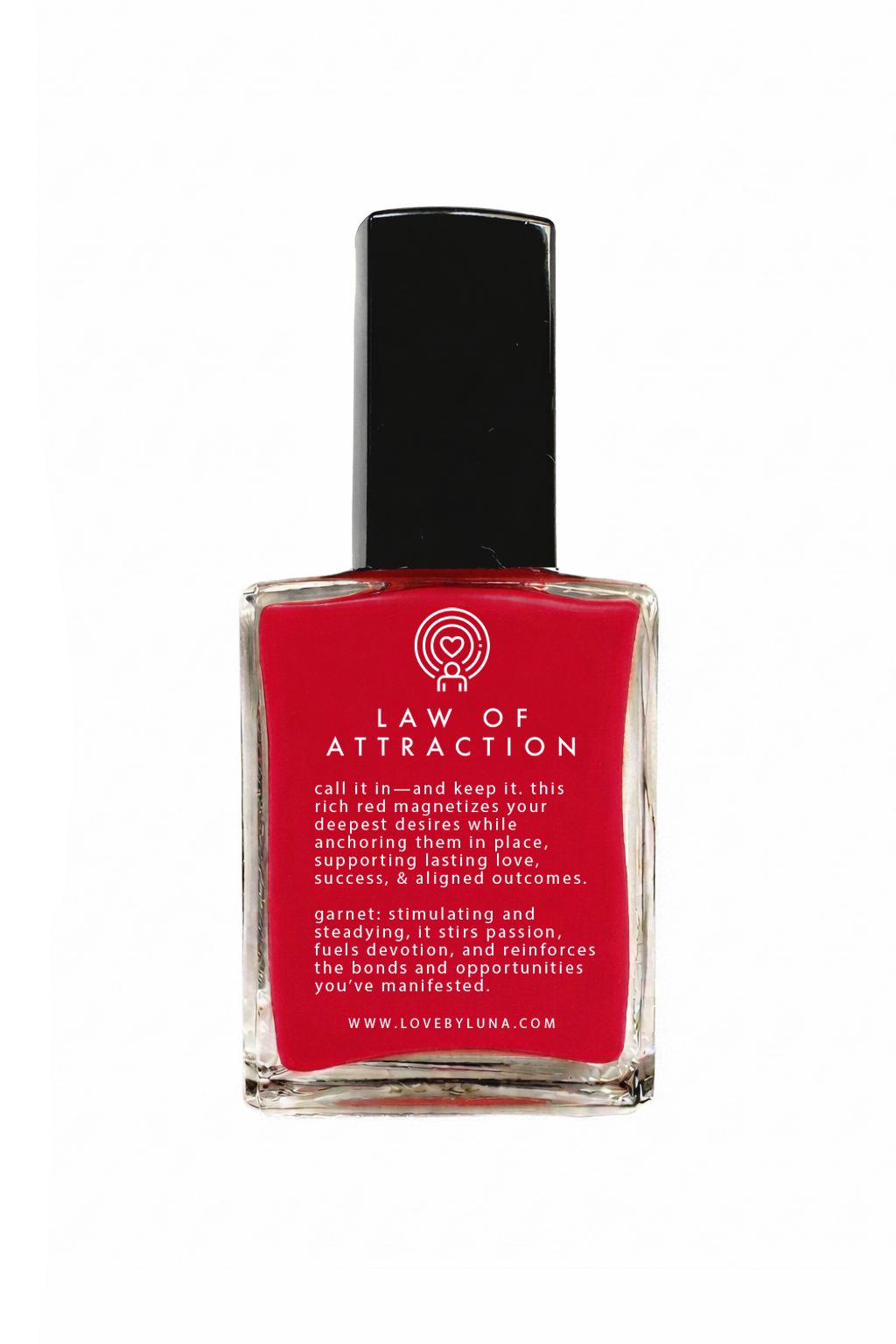 Red nail polish bottle with black cap on a white background
