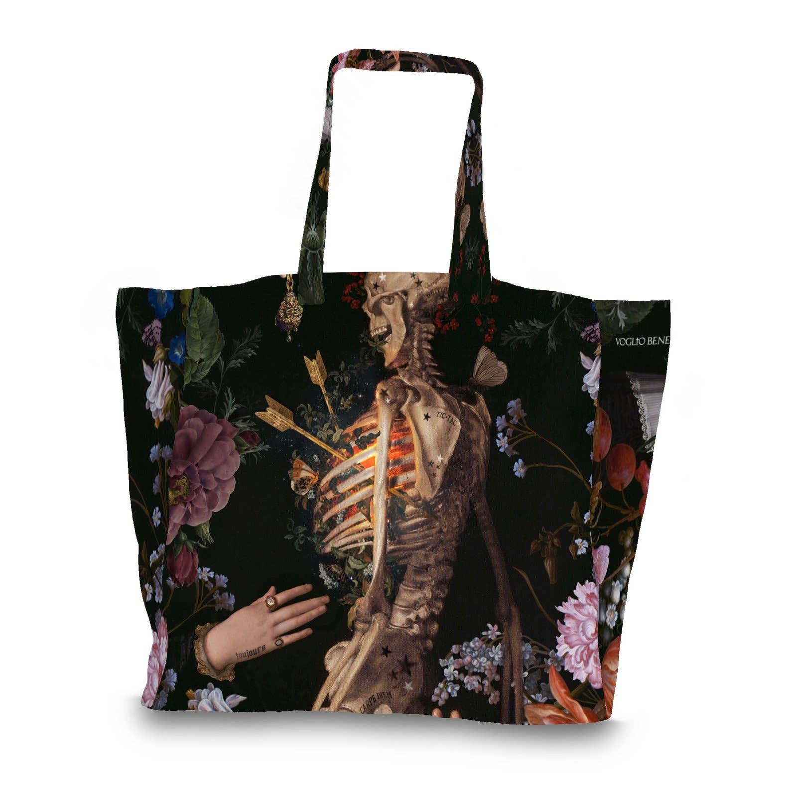 A large tote bag featuring a dark, gothic art print of a skeleton with flowers and a hand, on a white background.
