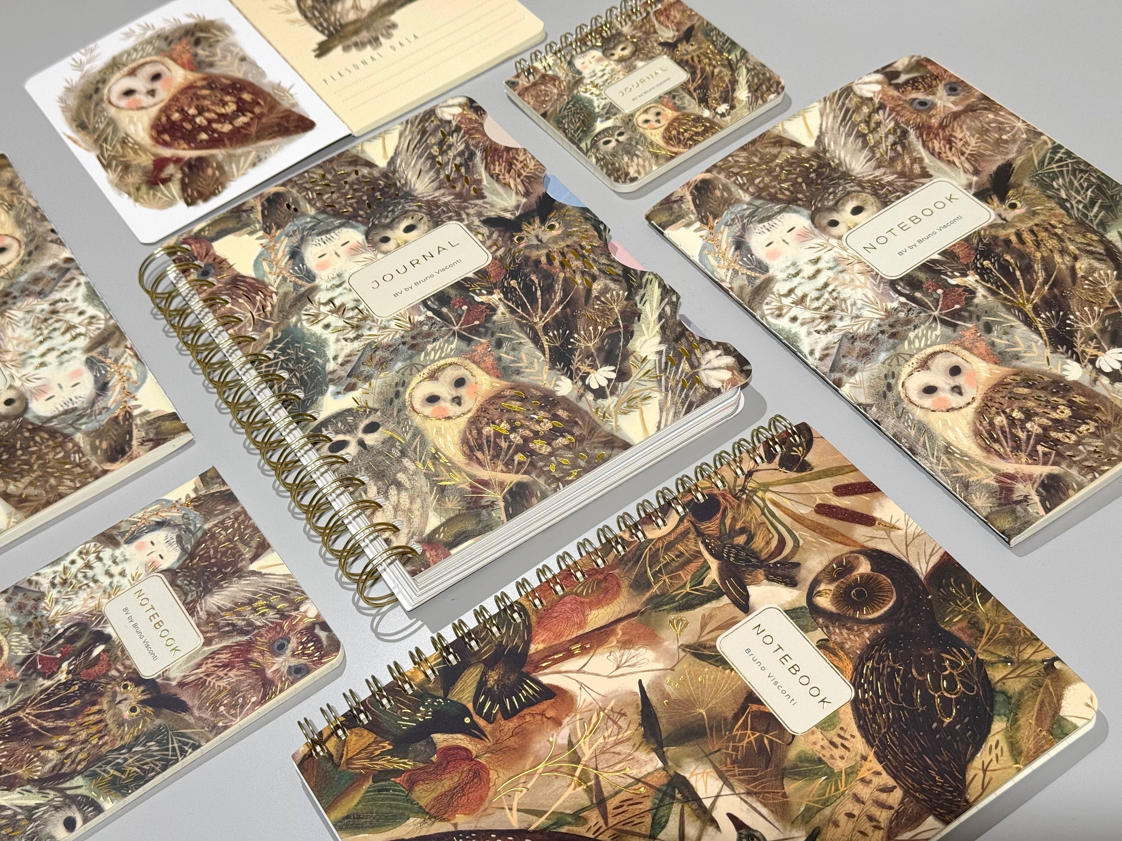 Collection of notebooks with owl designs on a gray surface