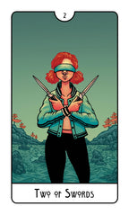Tarot card titled 'Two of Swords' featuring a person with red hair and crossed swords against a mountainous background.