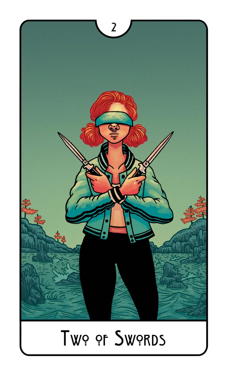 Tarot card titled 'Two of Swords' featuring a person with red hair and crossed swords against a mountainous background.