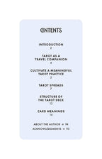 Table of contents for a tarot book on a light blue background