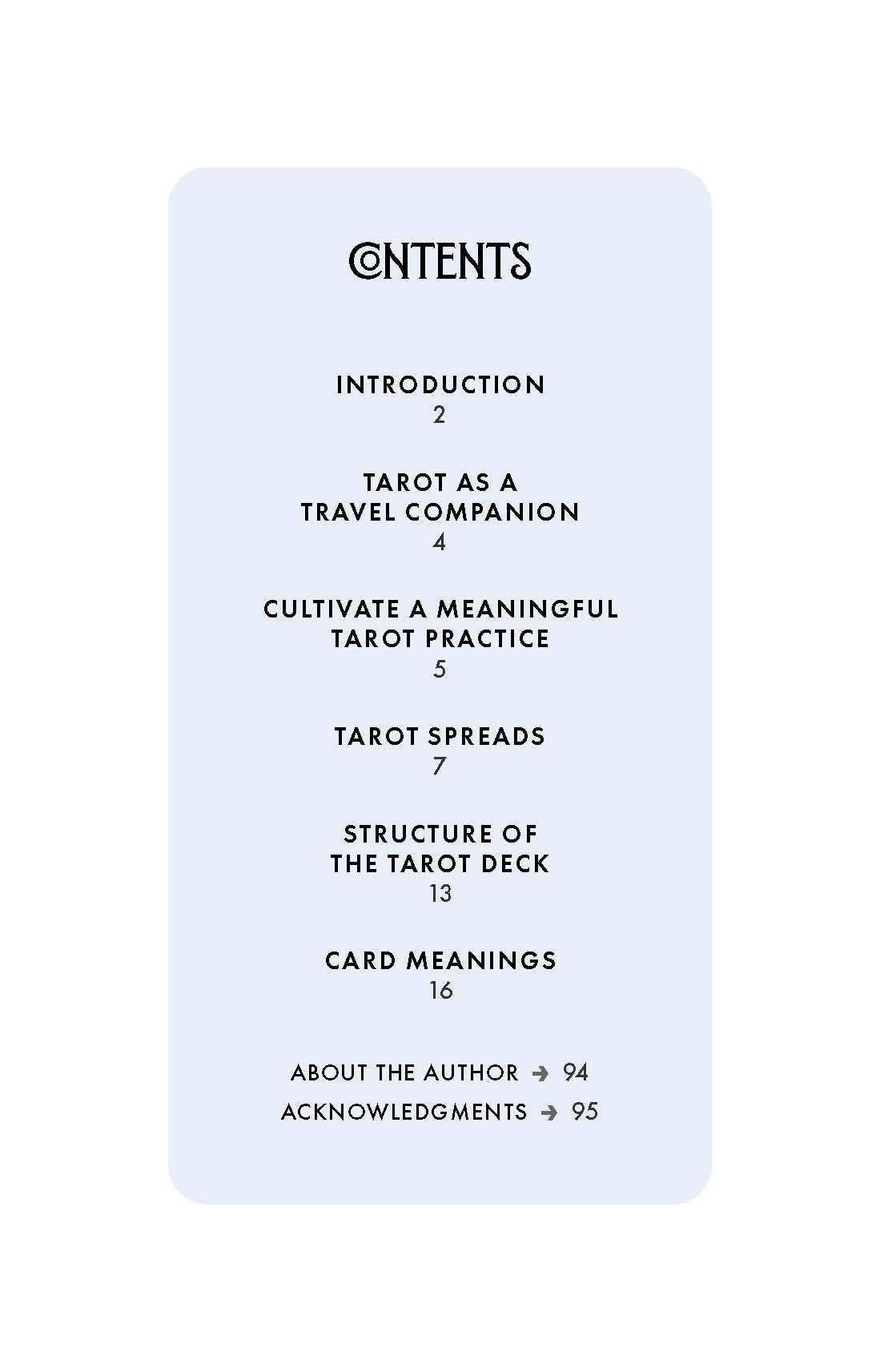 Table of contents for a tarot book on a light blue background