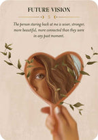 Card with a heart-shaped mirror and reflection of a woman's face, surrounded by foliage, with text about future vision.