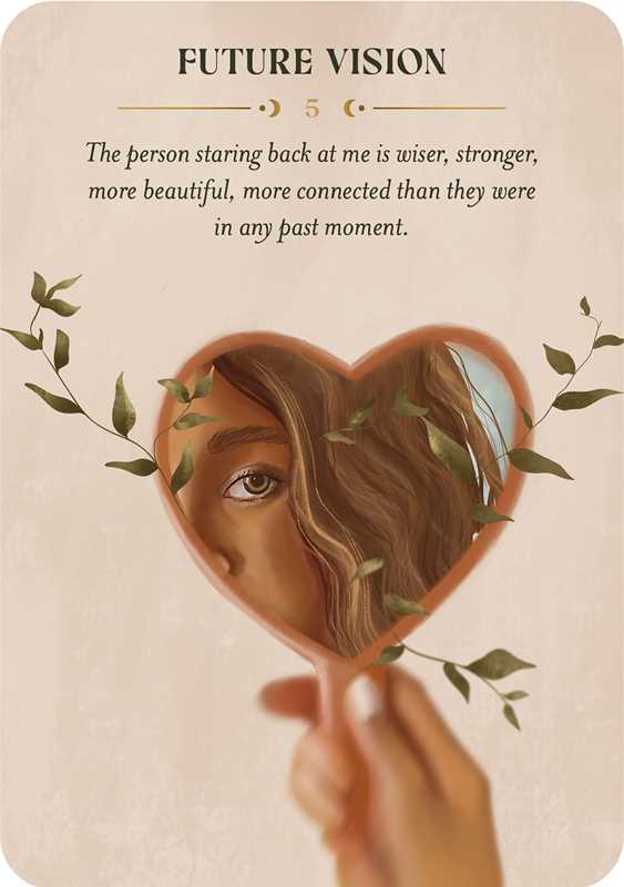 Card with a heart-shaped mirror and reflection of a woman's face, surrounded by foliage, with text about future vision.