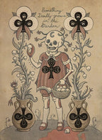 Illustration of a skeleton holding a basket with flowers and skulls, on a textured brown background.