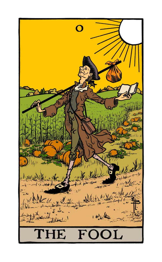 Tarot card featuring 'The Fool' with a person in a field of pumpkins.