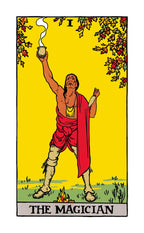 Tarot card featuring 'The Magician' with a yellow background and colorful design.