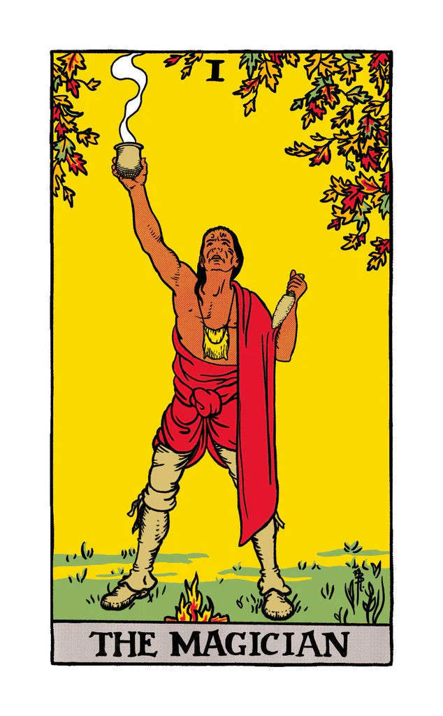 Tarot card featuring 'The Magician' with a yellow background and colorful design.