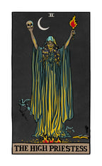 Tarot card featuring 'The High Priestess' with a figure holding a skull and a flame, on a black background.