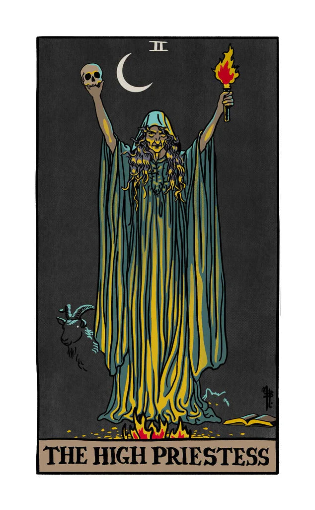 Tarot card featuring 'The High Priestess' with a figure holding a skull and a flame, on a black background.