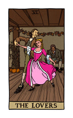 Tarot card titled 'The Lovers' with a couple dancing in a room.