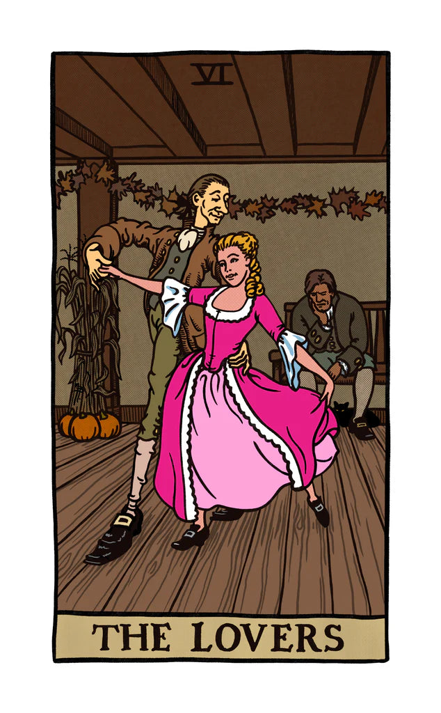 Tarot card titled 'The Lovers' with a couple dancing in a room.
