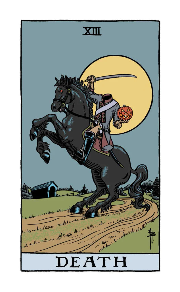Tarot card featuring a horseman on a horse with a scythe against a yellow sun, labeled 'Death'.