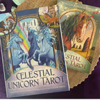 Two tarot card books titled 'Celestial Unicorn Tarot' and 'Aststial Tarot' on a purple surface.