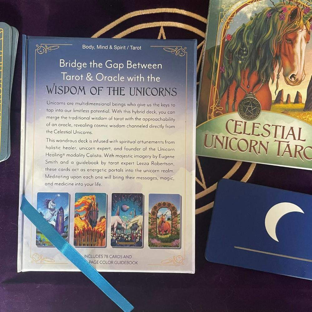Unicorn-themed tarot cards with descriptive text on a purple background