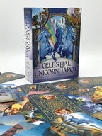 Celestial Unicorn Tarot cards with colorful box on a white background